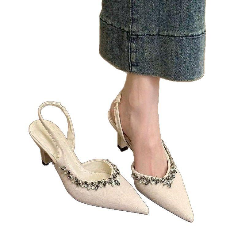 2025 Весна и Осень Новая Мода Универсальные Высокие Каблуки Женские Тонкие Каблуки Заостренный Носок Шлепанцы Носить Стразы