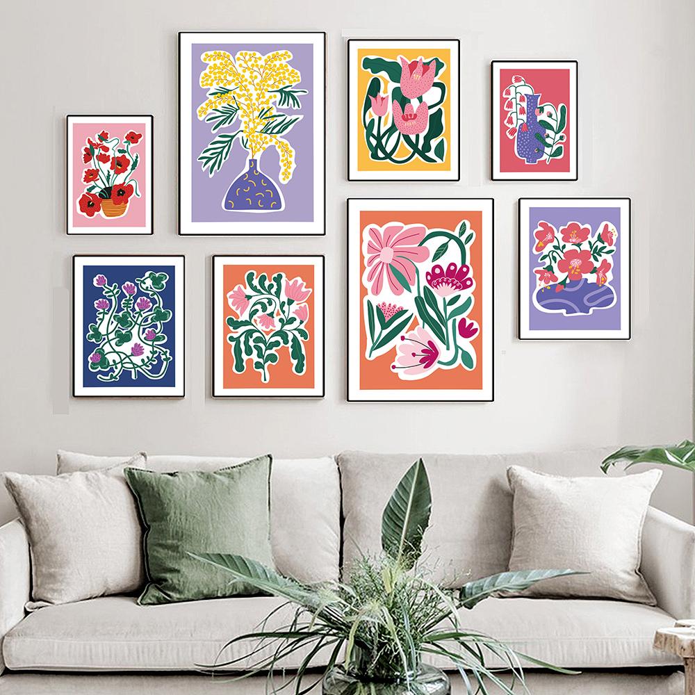 Flower Market Colorful Abstract Botanical Spring Flowers In Vase Wall Art Canvas Painting Wall Pictures For Living Room Decor