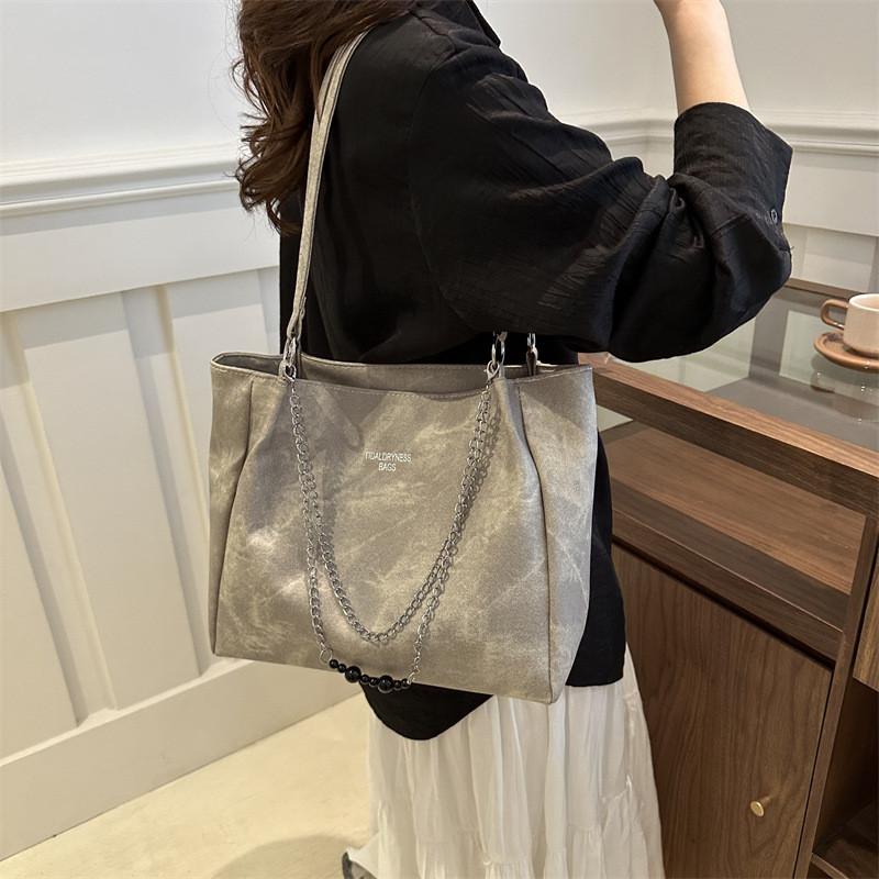 Stylish Spring Large Capacity Chain Tote Bag For Women 2024 Trendy Shoulder Bag In Black Gray And Brown