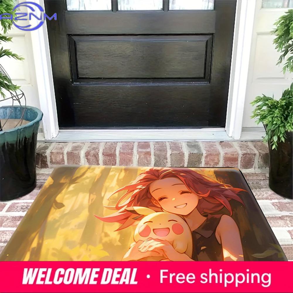 Warm Anime Girl Hugging Happy Pikachu Forest Scene Soft Non Slip Absorbent Home Bathroom Entry Doormat Floor Rug Mat