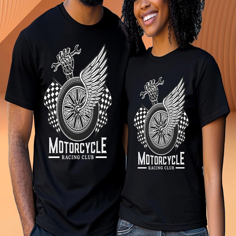 Motorcycle Racing Club T-Shirt–Winged Wheel Skeleton Wrench Tee–Biker Garage Top