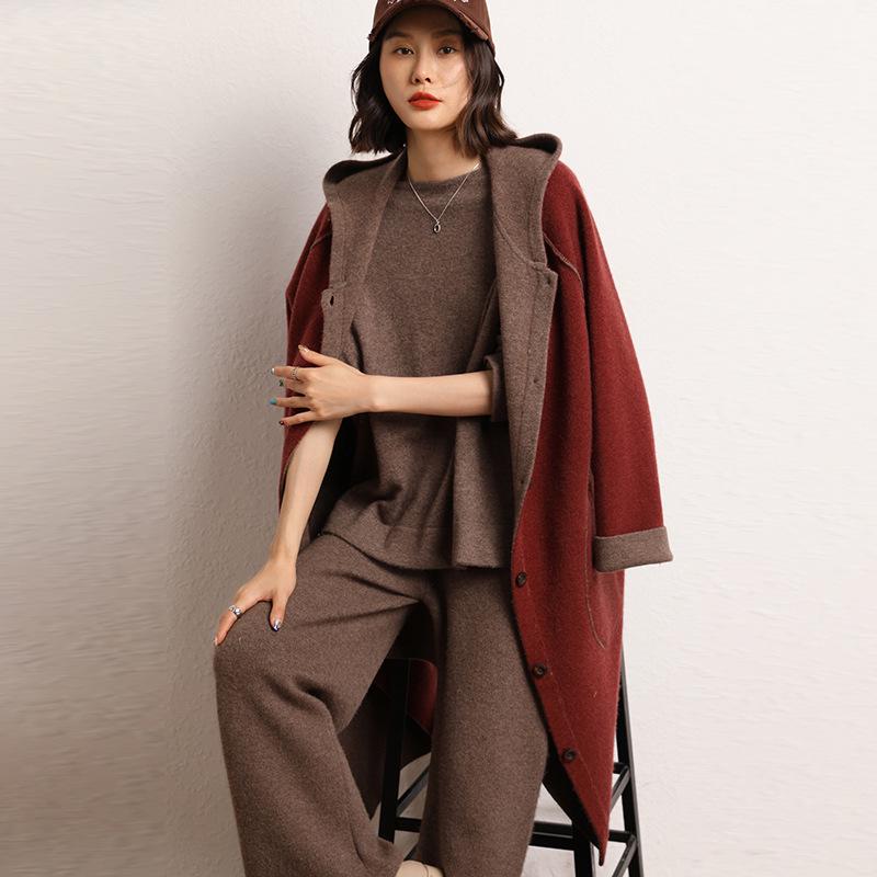 Женское кашемировое пальто с капюшоном — толстое, теплое, средней длины, выше колена, кардиган для осени и зимы