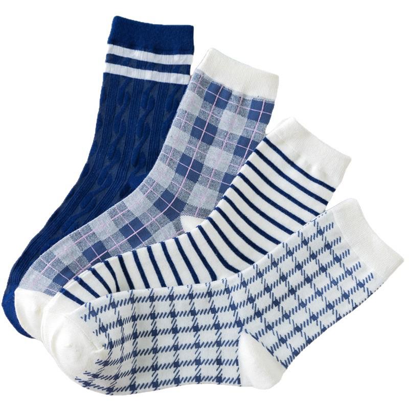 Men's Trendy Japanese Cotton Socks - Blue Plaid & Striped Mid-Calf
