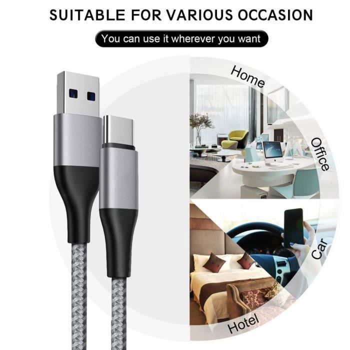2x Câble USB-C Nylon Rapide 3A pour Xiaomi Redmi 14C 13C, Redmi Note 13/Note 14 4G-5G, Note 13 Pro Plus 5G - Gris 1 Mètre