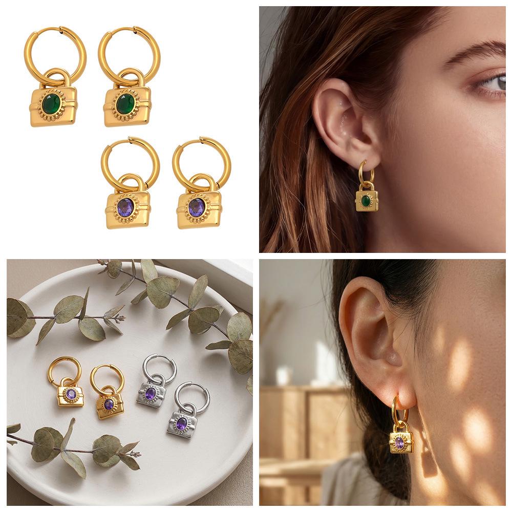 Zircon Inlaid Cross Lock Earrings - Stylish, Versatile Stainless Steel Pendant