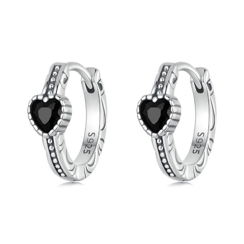 WOSTU 925 Sterling Silver Classical Heart Style Black Crystal CZ Rings For Women Retro Flower Pattern Hoop Earrings PartyGift