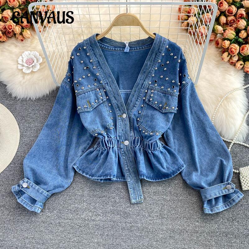 Женская джинсовая куртка весна-осень свободная модная куртка Bf с V-образным вырезом и бисером, короткая на талии