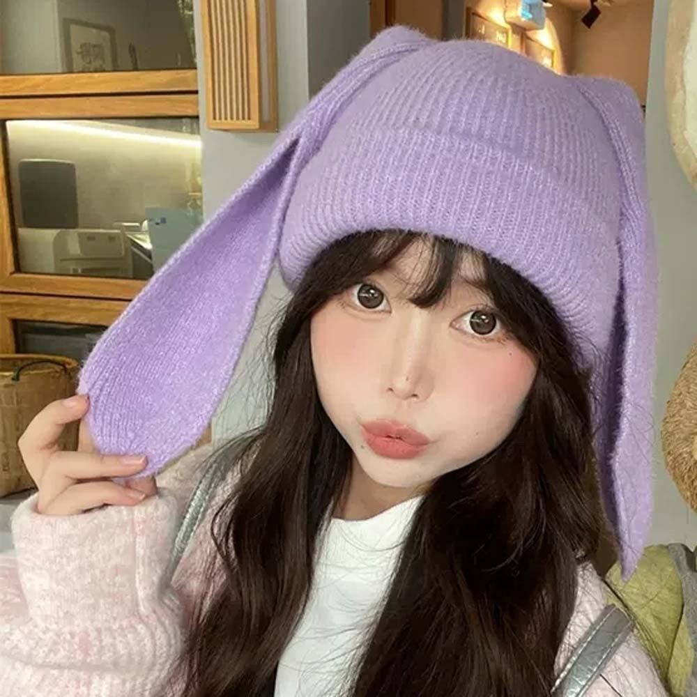Elastic Rabbit Ears Cap Korean Style Solid Color Knitted Hat Personality Bunny Pullover Cap Gifts