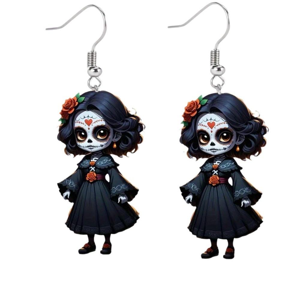 Themed Black Halloween Skull Rose Girl Four Pattern Women Acrylic Earrings