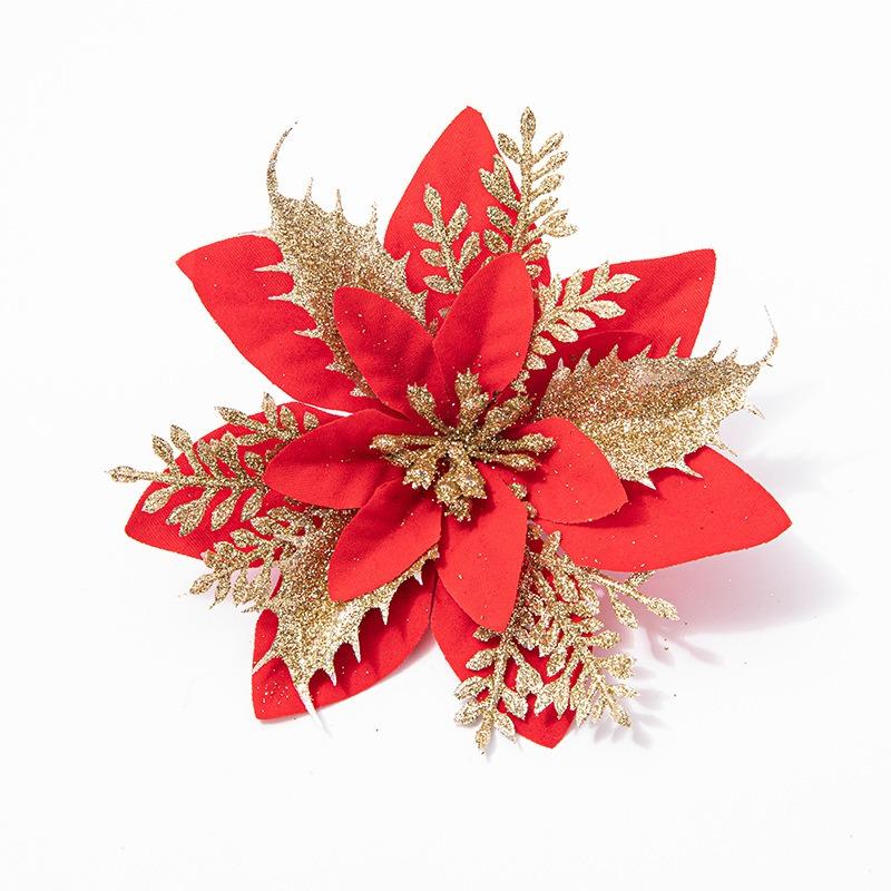 Christmas Glitter Artificial Flowers Floral Silk Fake Flower with Clips for Xmas Tree Hanging Ornaments New Year Gift Home Decor