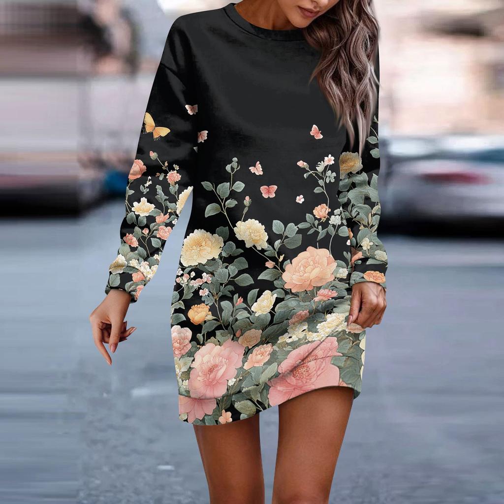 Женское платье-халат с круглым вырезом и винтажным цветочным принтом, с длинным рукавом, платья-толстовки