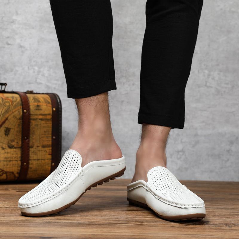 Fashion Half Drag Loafers Men Casual Leather Driving Shoes Classic Mesh Summer Slippers Breathable Light Leisure Walk Flats