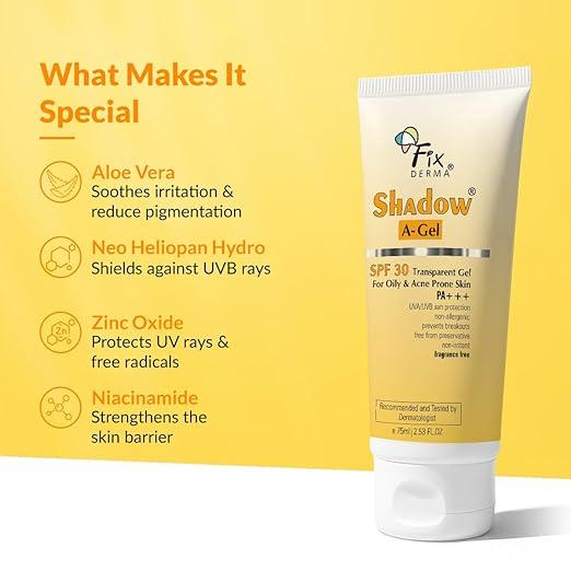 Fixderma Shadow A-Gel SPF 30+ Солнцезащитный прозрачный гель PA+++ | Для жирной и склонной к акне кожи | Защита от UVA и UVB | Для мужчин и женщин | 75 г
