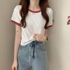 Women's 2024 Korean Slim Fit Color Block Crew Neck T-Shirt - Trendy Summer Short Sleeve Top