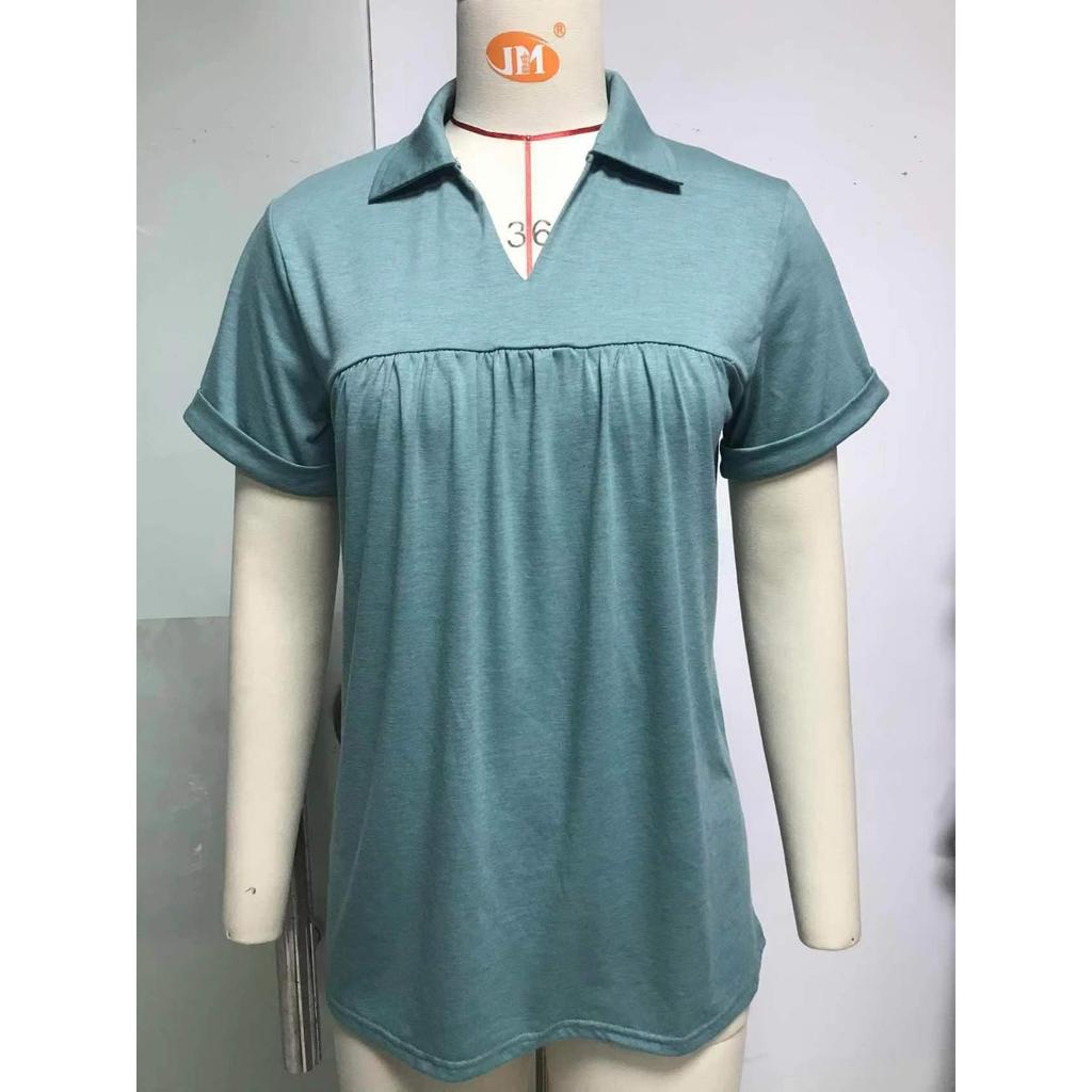 Летняя женская однотонная плиссированная свободная футболка-поло с коротким рукавом, топ, повседневная одежда в европейском и американском стиле, в наличии