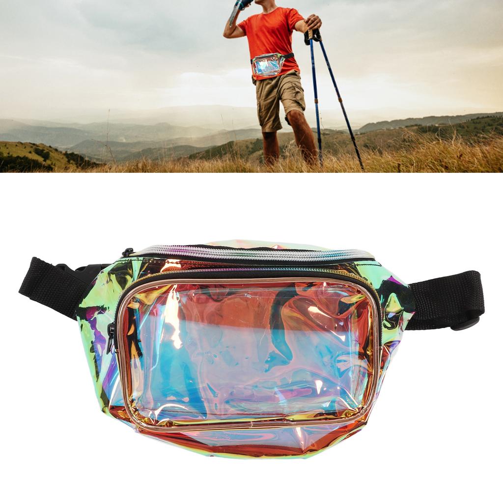 Transparent Iridescent Fanny Pack Shiny Waist Belt Bag with Zipper Waterproof PVC for Travel Party Running Hiking