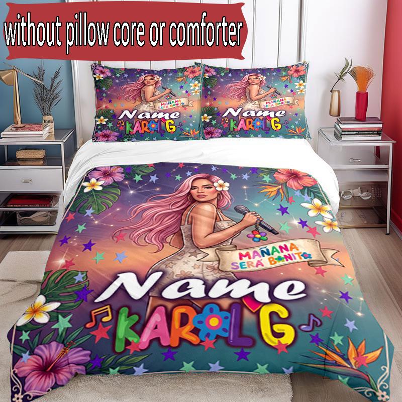 3pcs Duvet Cover Set (1*Duvet Cover + 2*Pillowcase, Without Core), Custom Name Karol G Pattern Bedding Set, Home Bedroom Decor Gift
