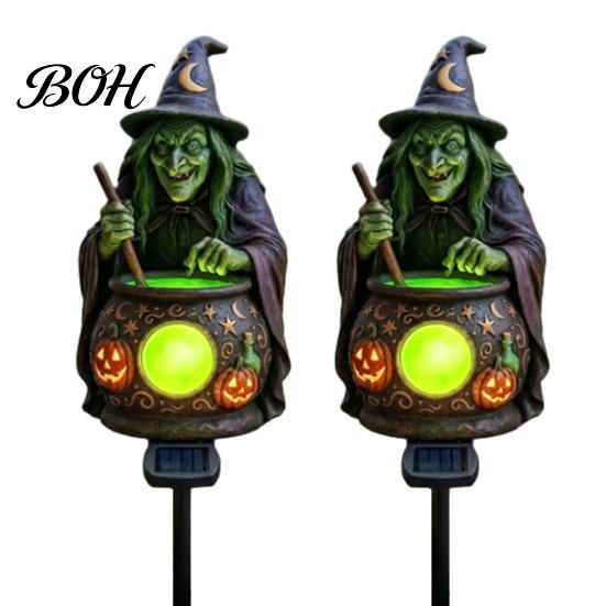 Halloween Lawn Ornaments Solar Witch Cauldron Garden Stake Light, Waterproof Resin Glowing Cute Gifts Figurine Statue, Spooky Outdoor Pathway Lamp for