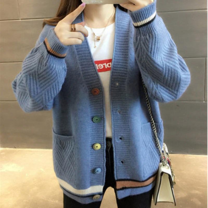 Осень-зима женский кардиган вязаный свитер V-образный вырез свободная куртка с длинным рукавом мода 2024 новые повседневные верхние пальто женские пуговицы карманы одежда 2591