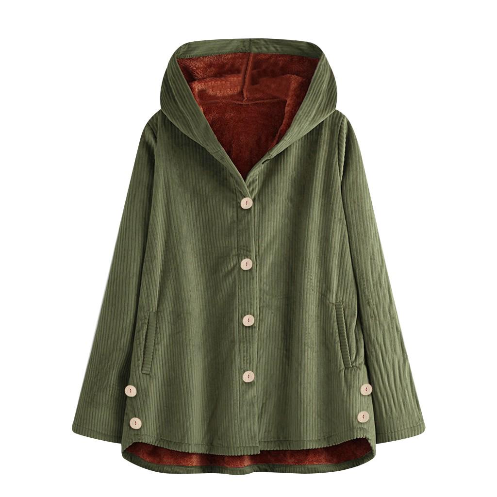 Plus Size Women Winter Warm Solid Button Pockets Thicker Hooded Coat Outwear