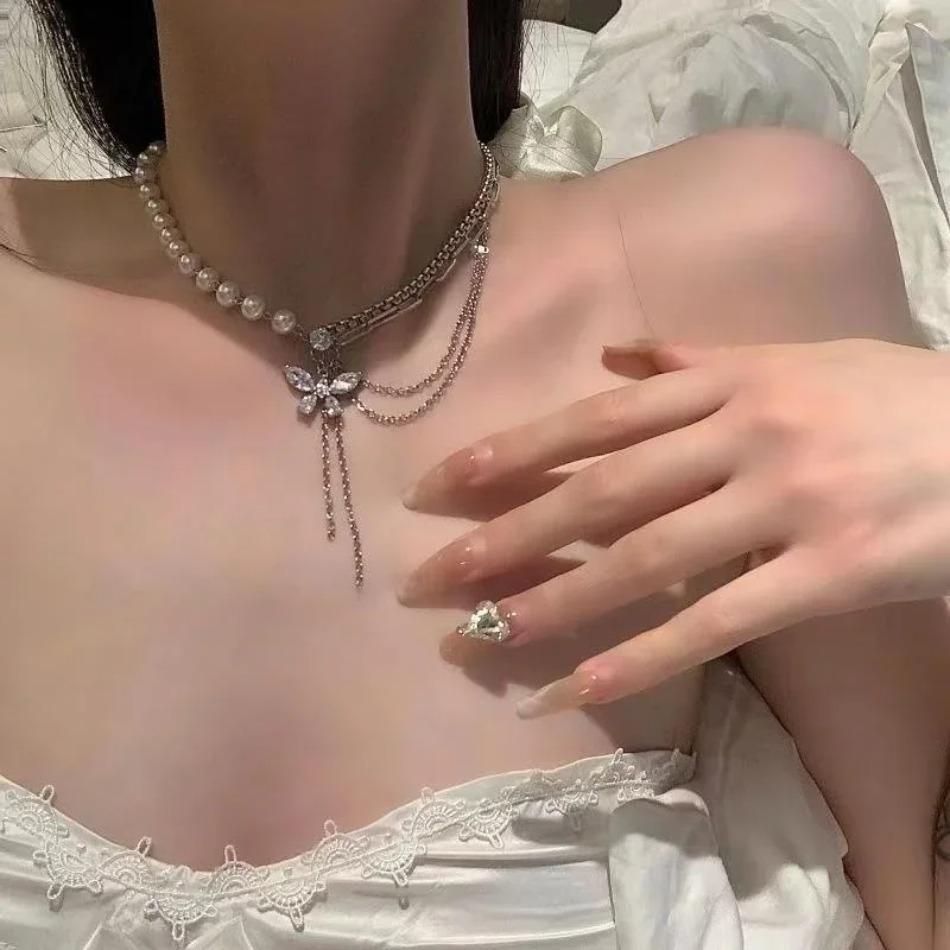 Французское ретро хип-хоп колье-цепочка на ключицу женская острая девушка жемчужное ожерелье Ins нишевый дизайн легкая роскошь аксессуары кулон