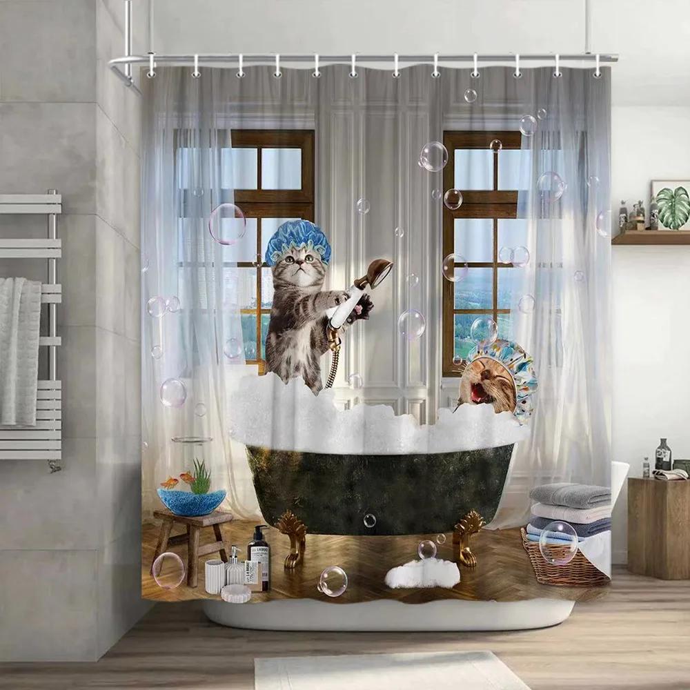 Смешная занавеска для душа Brave Cat Cartoon Душевая занавеска Waves Ocean Decor Ткань Душевая занавеска Set with Hooks Bathroom Decoration