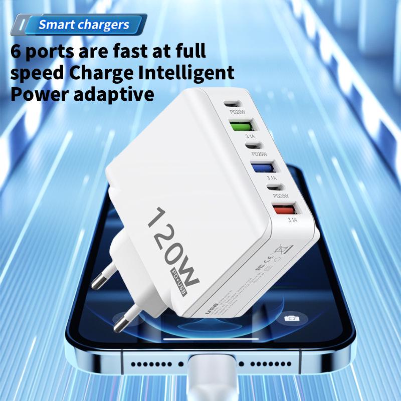 Многопортовое быстрое зарядное устройство 120 Вт: 3 USB + 3 PD, Совместимо с US/EU/UK