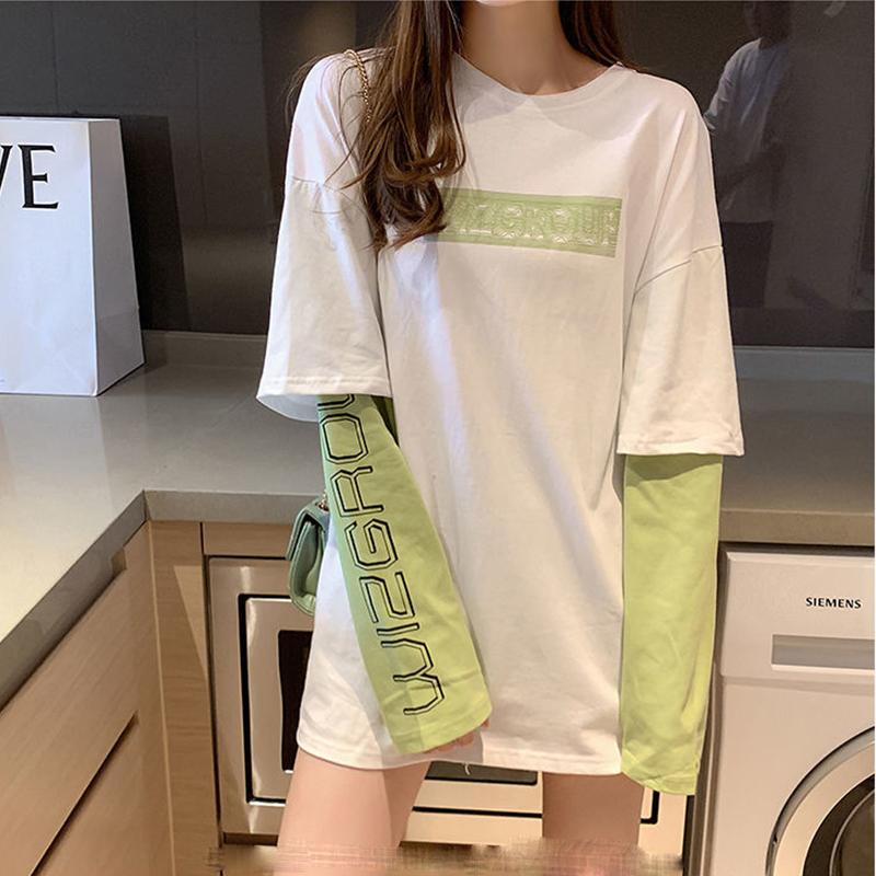 Топ, женская весенне-осенняя футболка средней длины с длинными рукавами, женская новая студенческая свободная осенняя куртка для отпуска из двух предметов