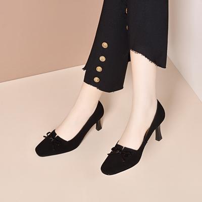 Женские туфли-лодочки на высоком каблуке с маленьким квадратным носком, весенние, простые, сдержанные, черные, на шпильке, модные, с бантом, с открытым верхом, женские туфли