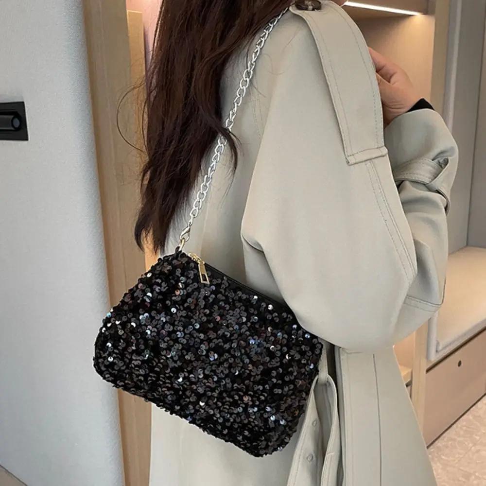 Solid Color Sequins Crossbody Bag Simple Chain Small Square Bag Handbag Underarm Bag Evening Clutch Bag