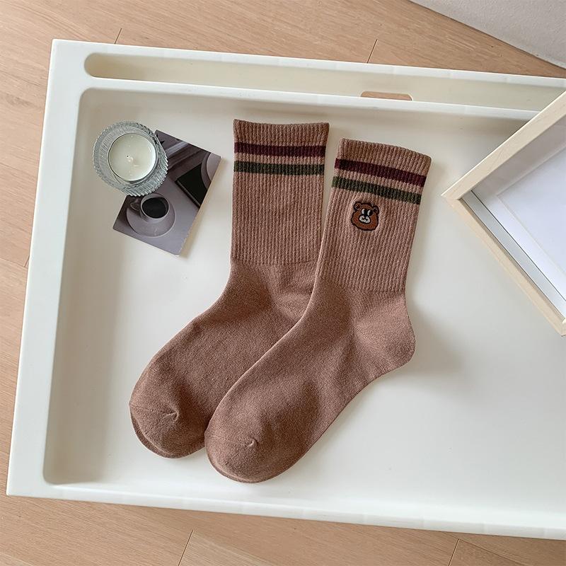 Academic Style Sporty Casual Style Mid-calf Socks Trend Cartoon Bear Mid-length Socks Children's
