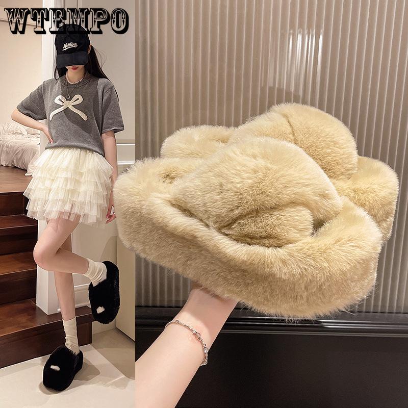 Женские пушистые тапочки крест плюшевые уютные домашние тапочки меховые с открытым носком для дома и улицы шлепанцы теплые противоскользящая подошва