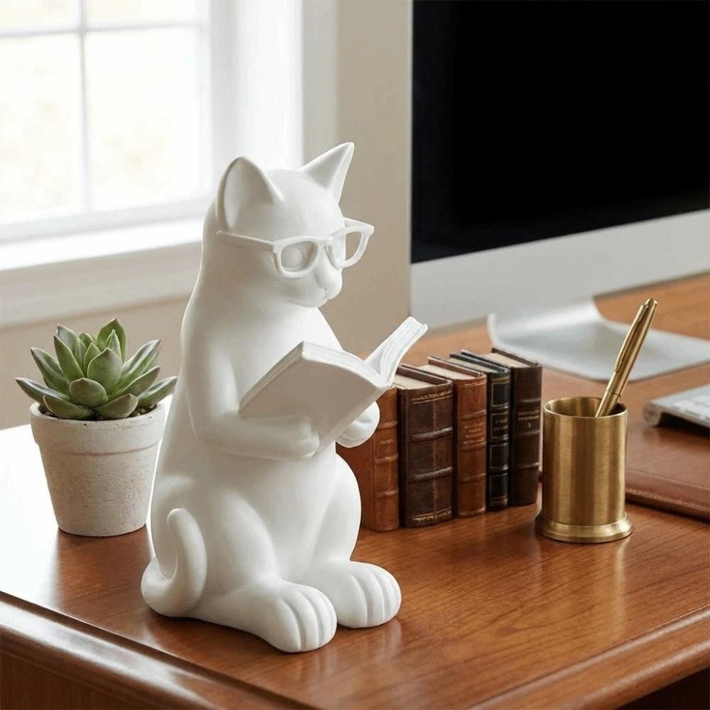 3D Printed Cat Sculpture Artistic Glasses Cat Statue Cute Reading Cat Figurine Gift