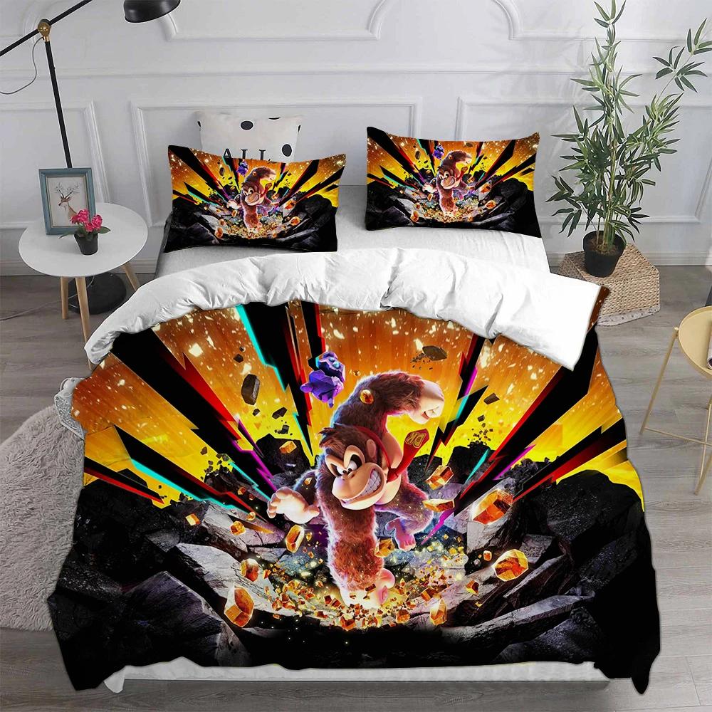 D-Donkey K-Kong B-Bananza Bedding Sets Single/Twin/Double Size Duvet Cover Set 2/3 Pieces Sets Gifts for Gamer Kids Adult Size