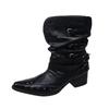 Pleated Short-thigh Boots Women's Autumn New Pointed Toe Studded Metal Buckle Sleeve Non-slip Block Heel Kitten Shoes