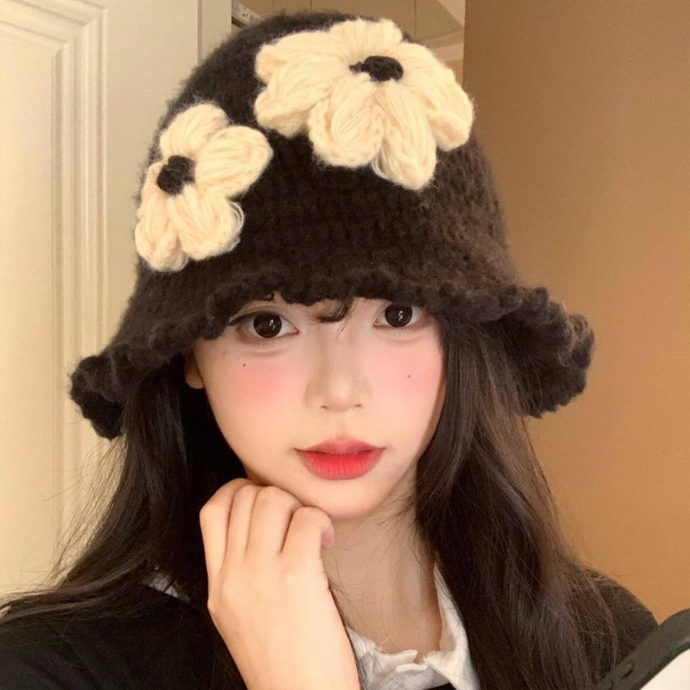 Hollow Out Flower Weave Cap Korean Style Bowknot Beanies Hat Crochet Flower Knitted Hat Girls