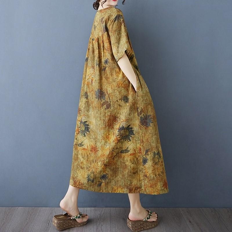 Новое хлопковое винтажное платье с цветочным принтом больших размеров с коротким рукавом для женщин, повседневное свободное длинное летнее платье