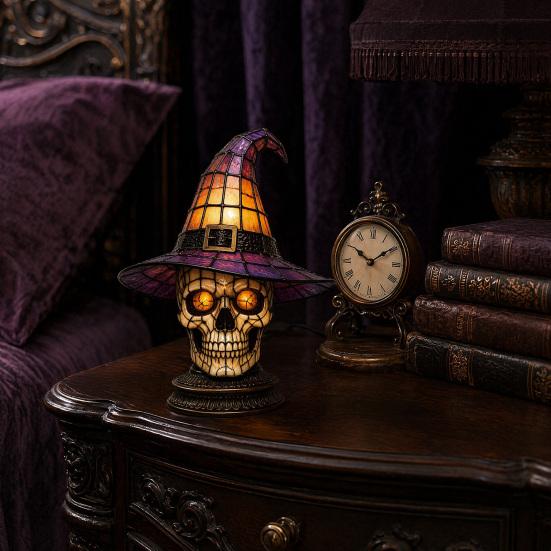 Witch Hat Lamp Stained Witch Hat LED Light Halloween Table Lamp with Warm Glow