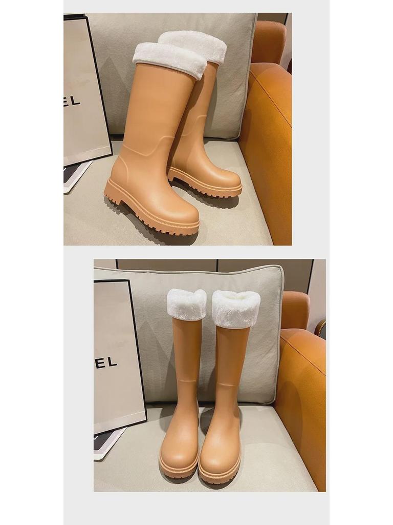 Стильные женские водонепроницаемые нескользящие длинные резиновые сапоги - износостойкая резина с теплой хлопковой подкладкой