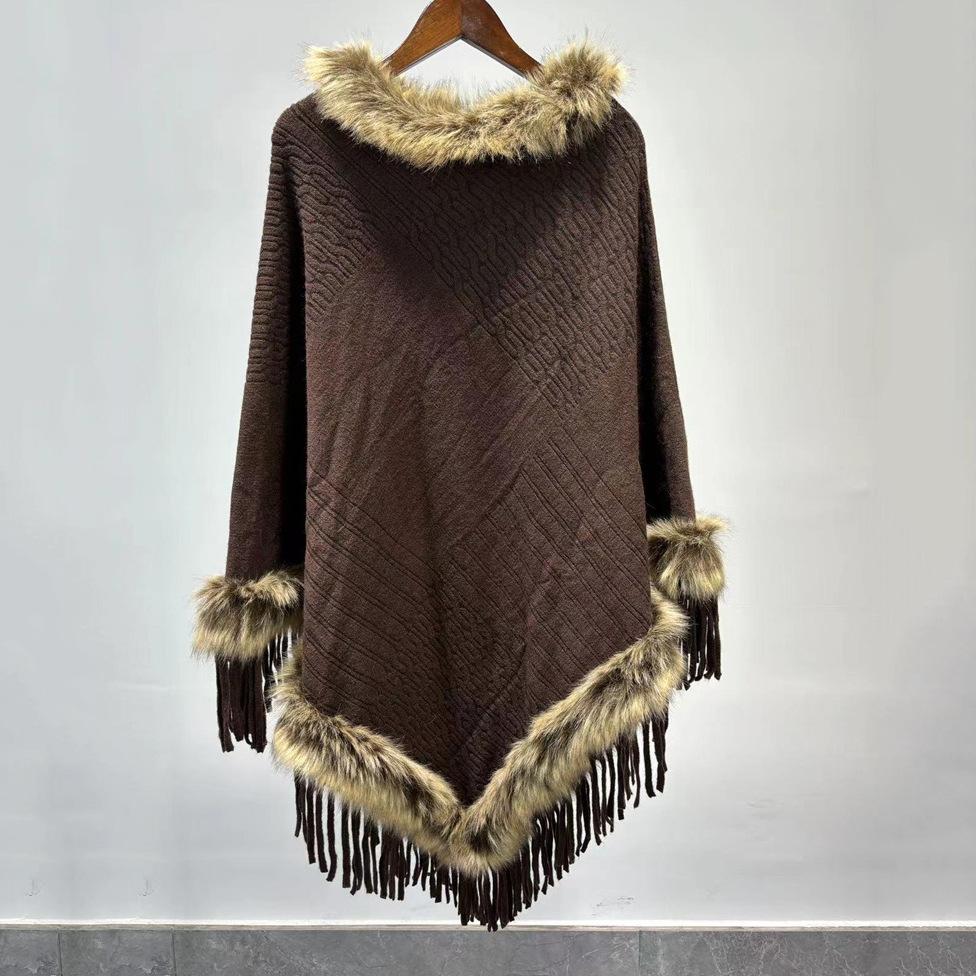 Элегантное вязаное классическое кейп с кисточками и меховым воротником - женское с застежкой спереди, новое теплое модное шаль для свадебной вечеринки и вечернего платья на осень и зиму