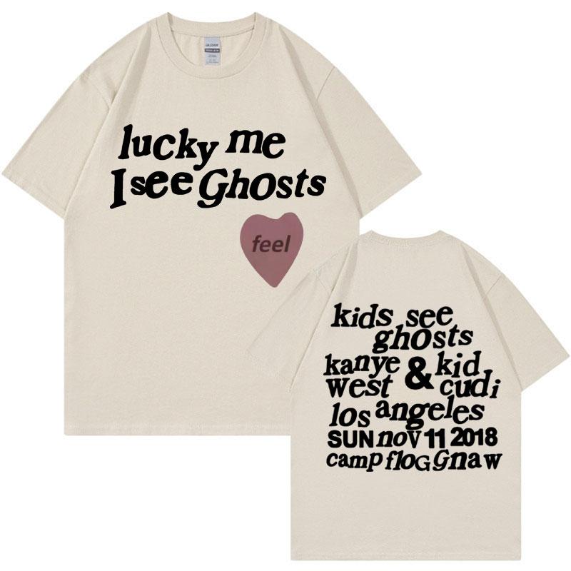 Футболка Kids See Ghosts - Lucky Me I See Ghosts - Буквы Канье Уэста 100% хлопок с принтом Футболки Мужчины Женщины Мода Повседневные топы