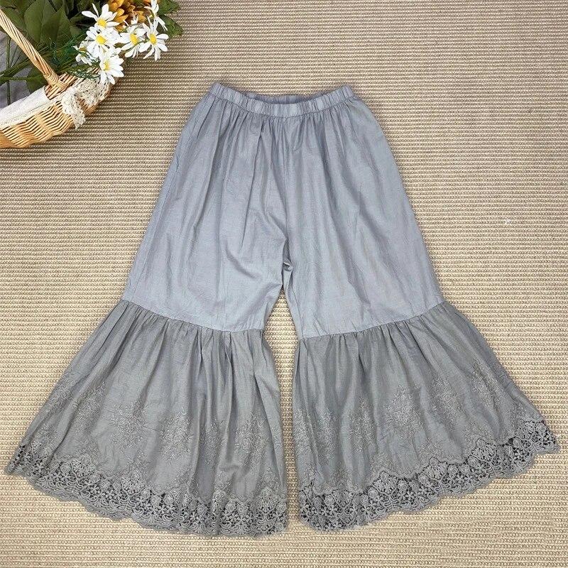 Johnature Summer Ankle-length Boot Cut Pants Mori Vintage Cotton Elastic Waist Solid Color Loose Lace Women Pants