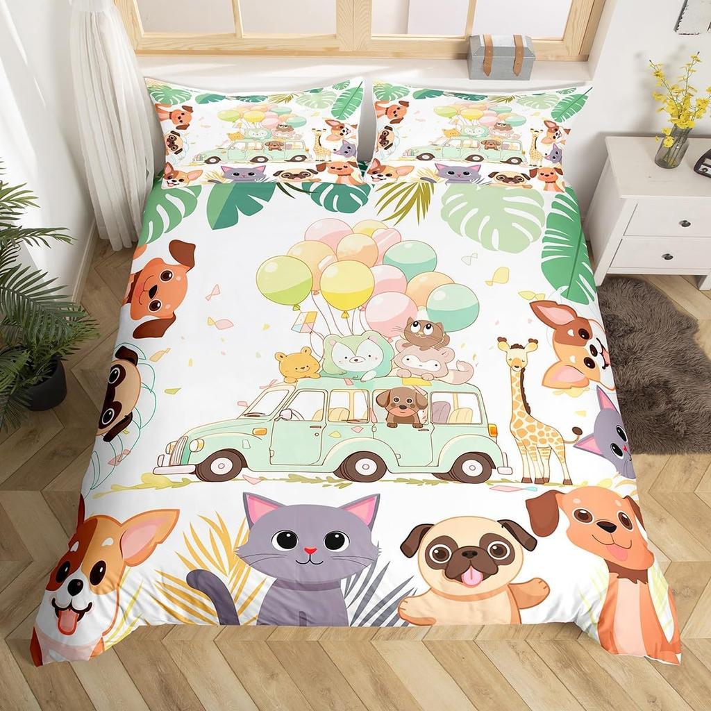 Puppy Dog Duvet Cover Full Queen Size Kawaii Pug Comforter Cover Love Heart Print Bedspread Cover Cute Pet Black Bedding Set