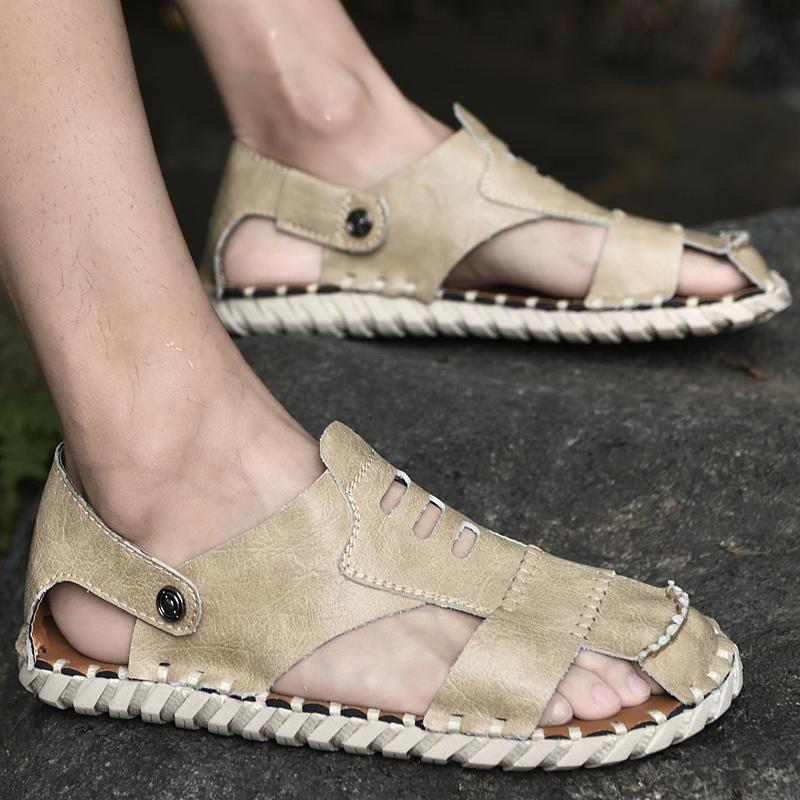 Летние мужские сандалии большого размера 46, мужские модные кожаные пляжные туфли, повседневные сандалии и шлепанцы, мужские уличные туфли для плавания, обувь ручной работы