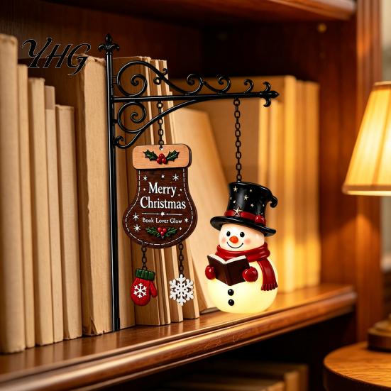 Decorative Metal Book Supports Christmas Bookshelf Hanging Light, Snowman Nook Lamp, Cozy Office Desk Decorations Floating Library Lantern Decor,