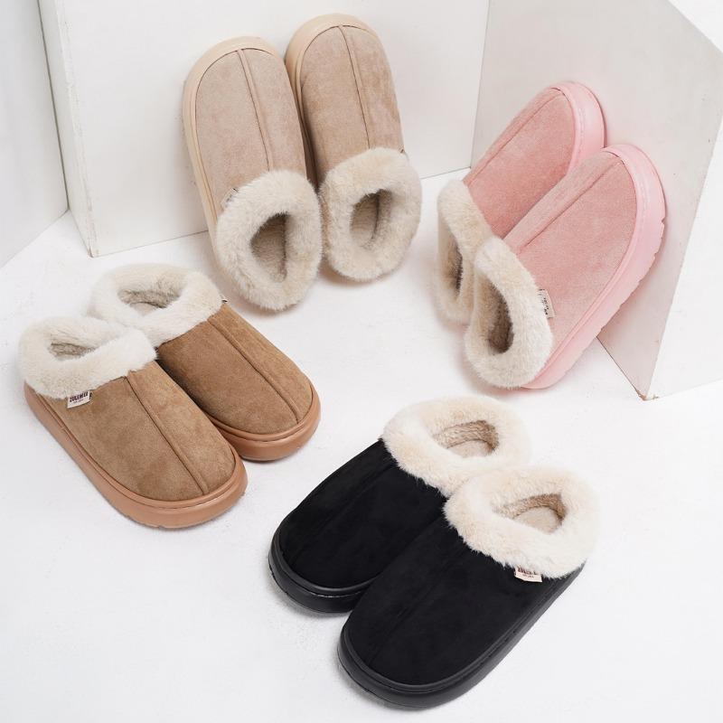 Memory Foam Fuzzy Slippers for Women Platform EVA Sole Warm Faux Fur Lined Suede Short Ankle Boots House Slippers for Woman Anti-Slip Boot