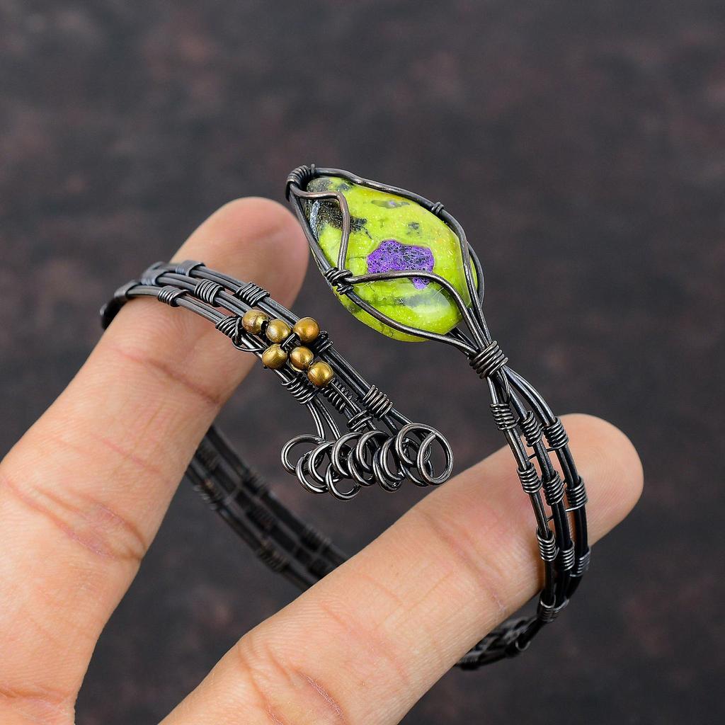 Браслет-манжета с самоцветом стихтит, обмотанный медной проволокой, регулируемый браслет-бенгл, медные украшения ручной работы, браслет-манжета, антикварные украшения для подарка