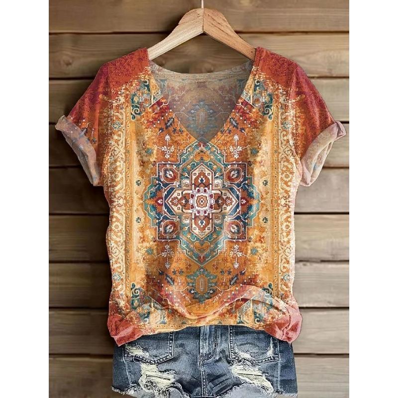 Women's T Shirt Print Floral Graphic Geometric Vintage Stylish Casual Short Sleeve V Neck Regular Tops Summer Spring