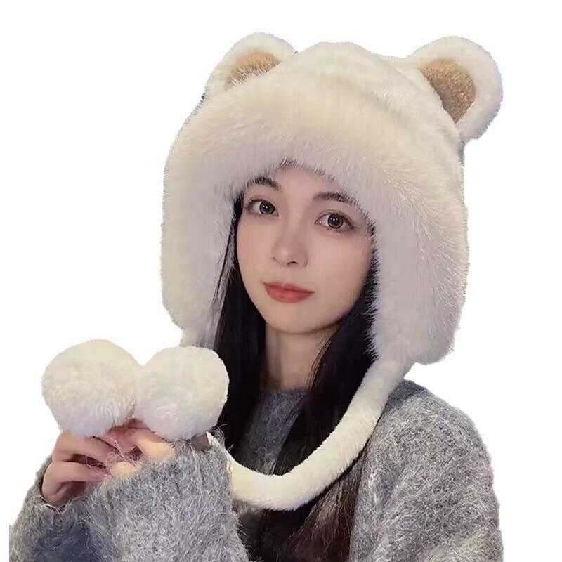 Зимние медвежьи ушки новая плюшевая шапка на шнуровке взрослая универсальная большой обхват головы помпон теплая женская милая