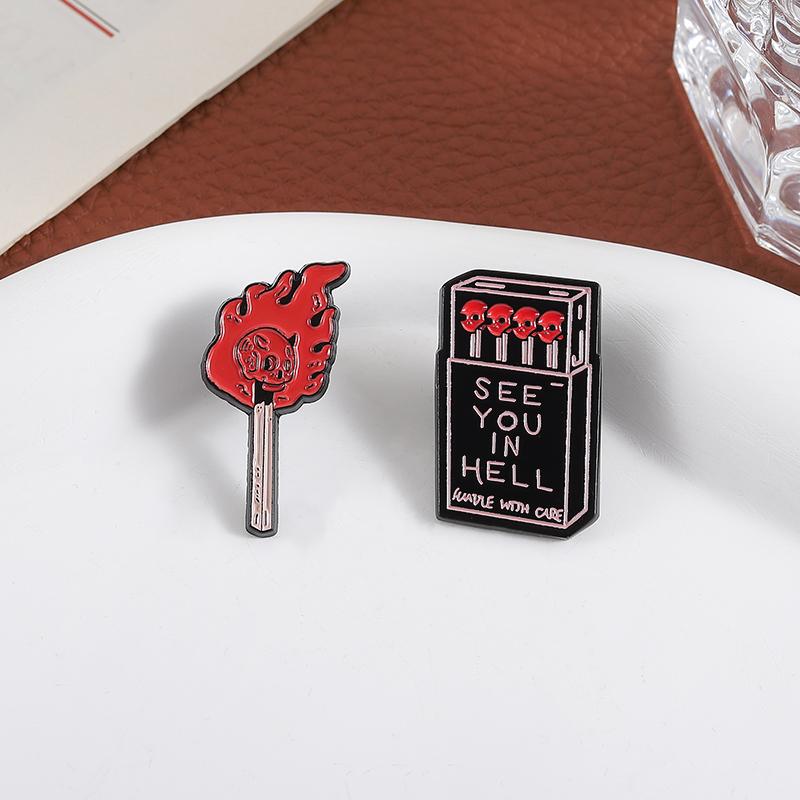 SEE YOU IN HELL Enamel Pins Custom Skull Matchsticks Brooches Lapel Badges Clothes Punk Jewelry Gift for Friends
